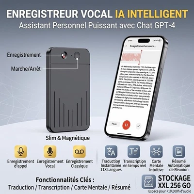 Micro Enregistreur Vocal IA ChatGPT 256 Go Transcription Traduction Resume A30 - Photo 1/4