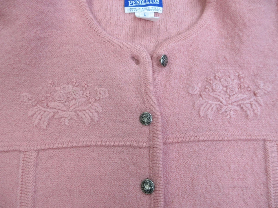 Cardigã feminino vintage suéter pendleton grande rosa lã botão bordado floral - Imagem 4 de 4