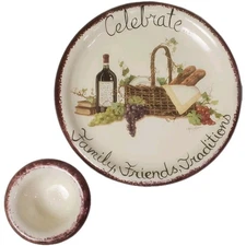 Vtg Annie Lapoint Signed Ceramic Snack Plate & Dip Bowl Set Family Celebration