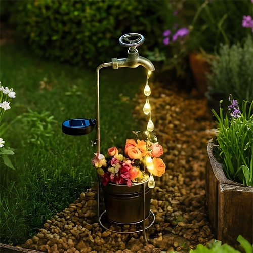 Solar Water Faucet Bucket Lights Outdoor Garden Decor, Waterproof Vintage Dec...