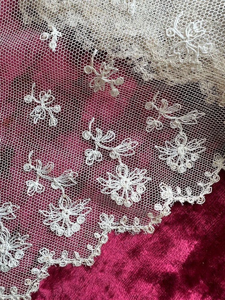 180 Cm Broderie Sur Tulle Dentelle Ancienne  - Photo 3/4
