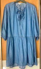 SMOCK DRESS H&M denim Blue Lyocell size S 12 14 relaxed knee length tie neck vgc