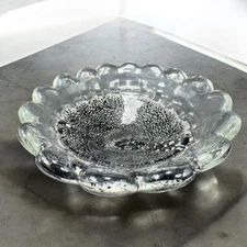 Venetian Art Glass Ruffled Dish Bowl Centerpiece Clear Edges Silver Flecks Black