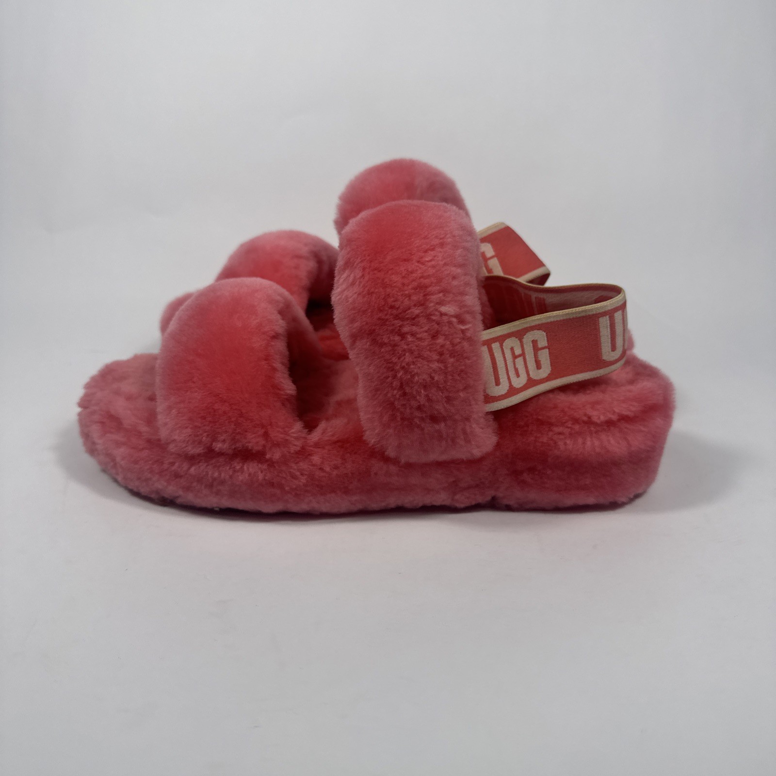 UGG Pink Fluffy Fur Slide Sandals Women's Size 6 Logo Casual Straps