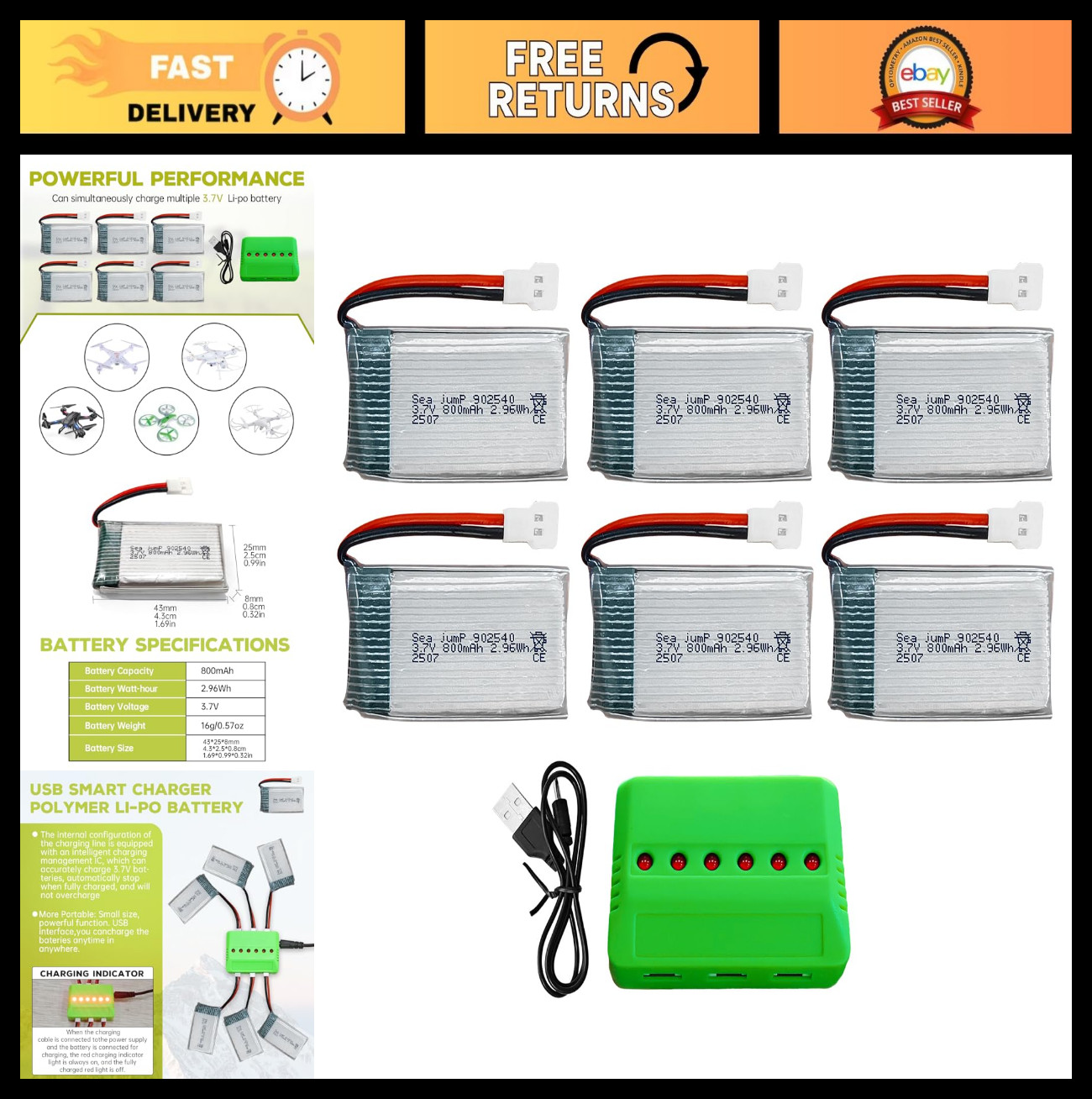 6PCS 3.7V 800mAh Lipo Battery & 6in1 Charger for Drones, Quadcopters, Robots