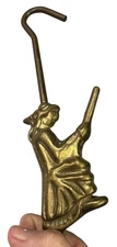Vintage Brass WITCH on Broom Fireplace Damper Hook SEE PHOTOS  12”x2.75” T3
