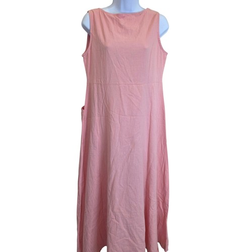 Pink Cotton Sleeveless Midi Dress with Pockets Casual Summer Sundress