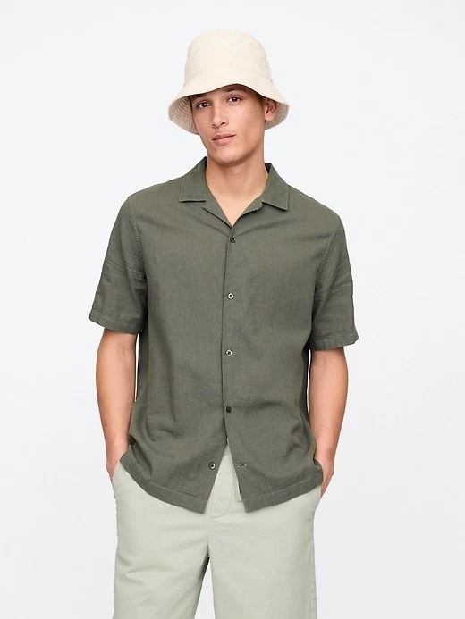 Gap Shirt Men's XL Green Button Linen Short Sleeve Standard Fit Vacay Mesculen