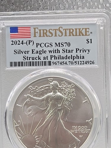 2024 (P) $1 American Silver Eagle Star Privy PCGS MS70 FIRST Strike Flag Label L - Picture 3 of 4