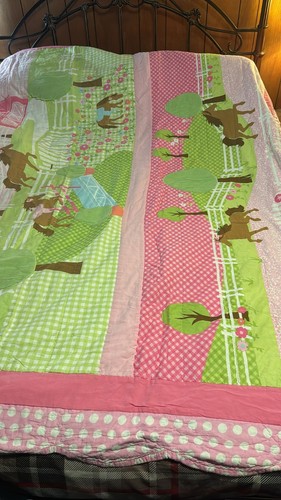 Trapunta Circo Horse Farm applicata a mano regina rosa verde 86x90” cotone bersaglio - Foto 2 di 10