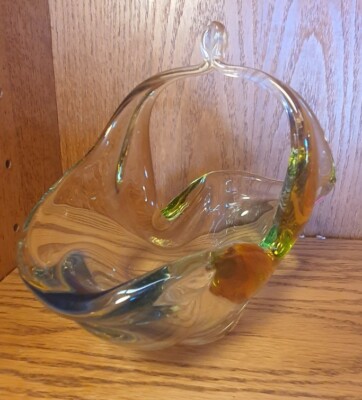 Bohemian Vintage Czech Art Glass Chribska Josef Hospodka Basket Multicolor Vase
