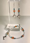 Handcrafted  Miami dolphins orange and teal bracelet and earring set.