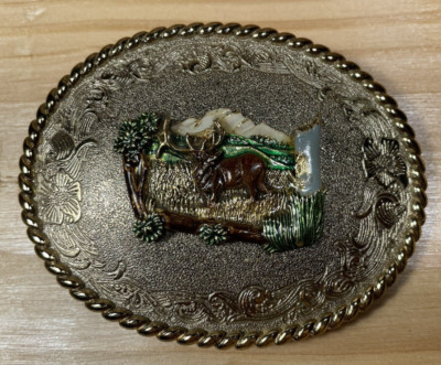 Vintage Brass Enameled Elk 1978  Raintree 3D Belt Buckle