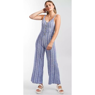 Indigo Rein Woven Striped Jumpsuit wide leg blue lagenlook S linen blend  Small