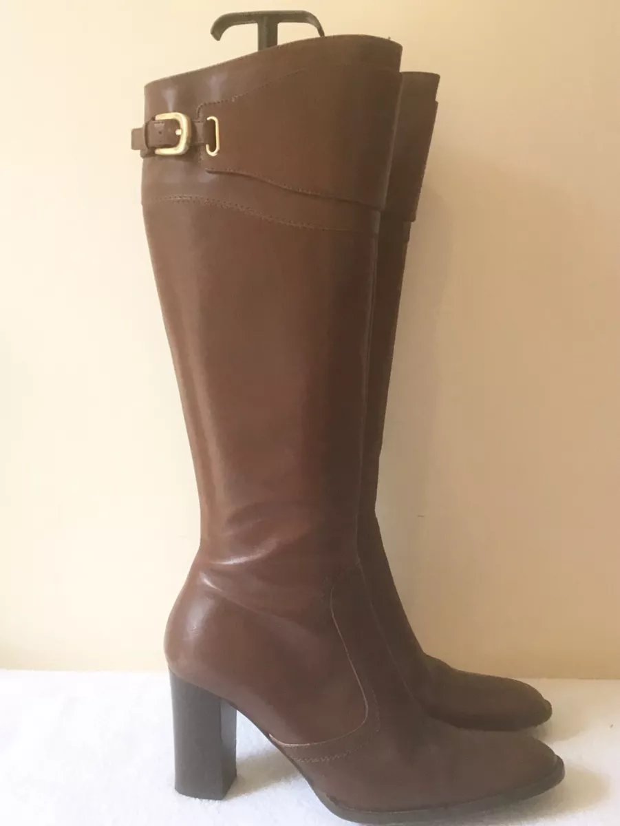 KAREN MILLEN CHESTUT BROWN LEATHER BUCKLE TRIM KNEE LENGTH HEEL