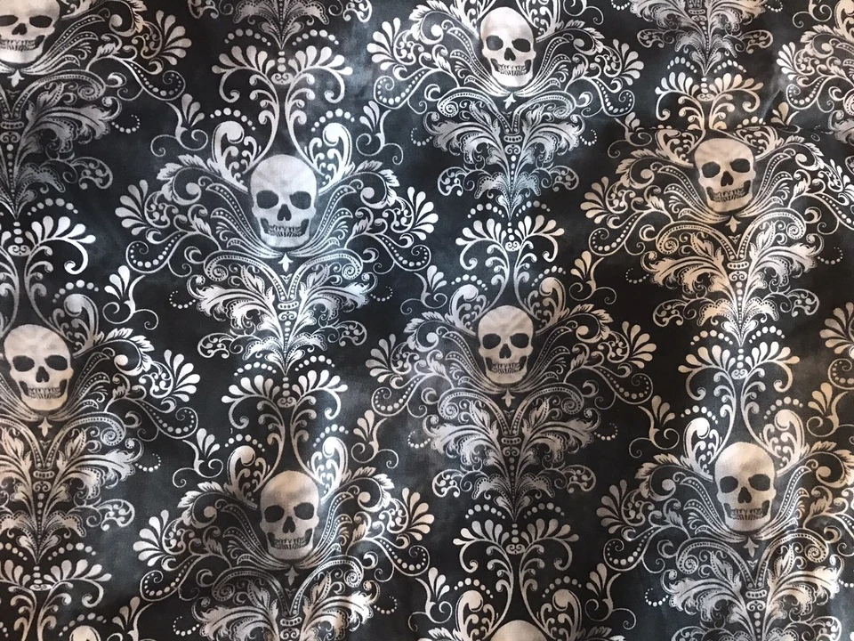 Skull Fabric Skull Damask Timeless Treasures C3759 Cotton 34”x44” Tattoo - Image 2 of 2
