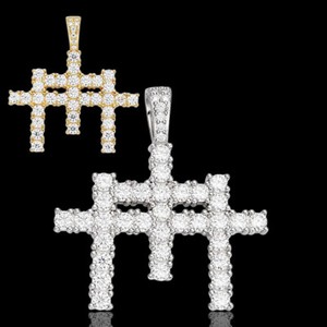 Authentic Moissanite Solid 925 Silver/Gold Plated Three Triple Cross Pendant Necklace Iced