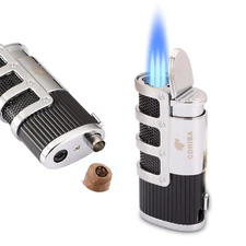 Cigar Lighter 3 Torch Jet Flame Windproof Metal Lighters w/ Cigar Punch Black