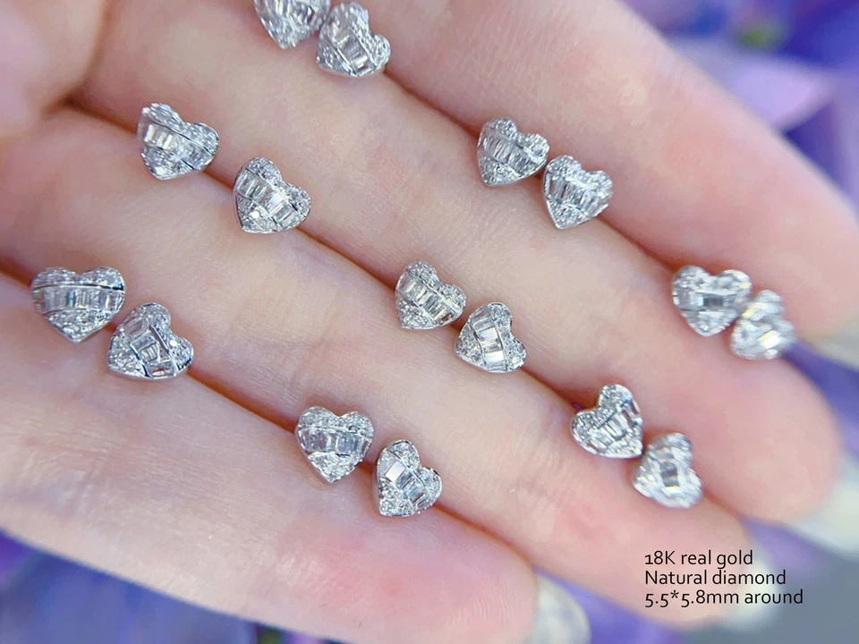 18K Solid Gold Dainty Diamond Cluster Heart Piercing earrings Studs for Women - Image 4 of 4