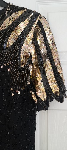 Stenay Vintage Dress Beaded Silk Gold Sequin Tulip sleaved - UK 12 - Picture 4 of 6