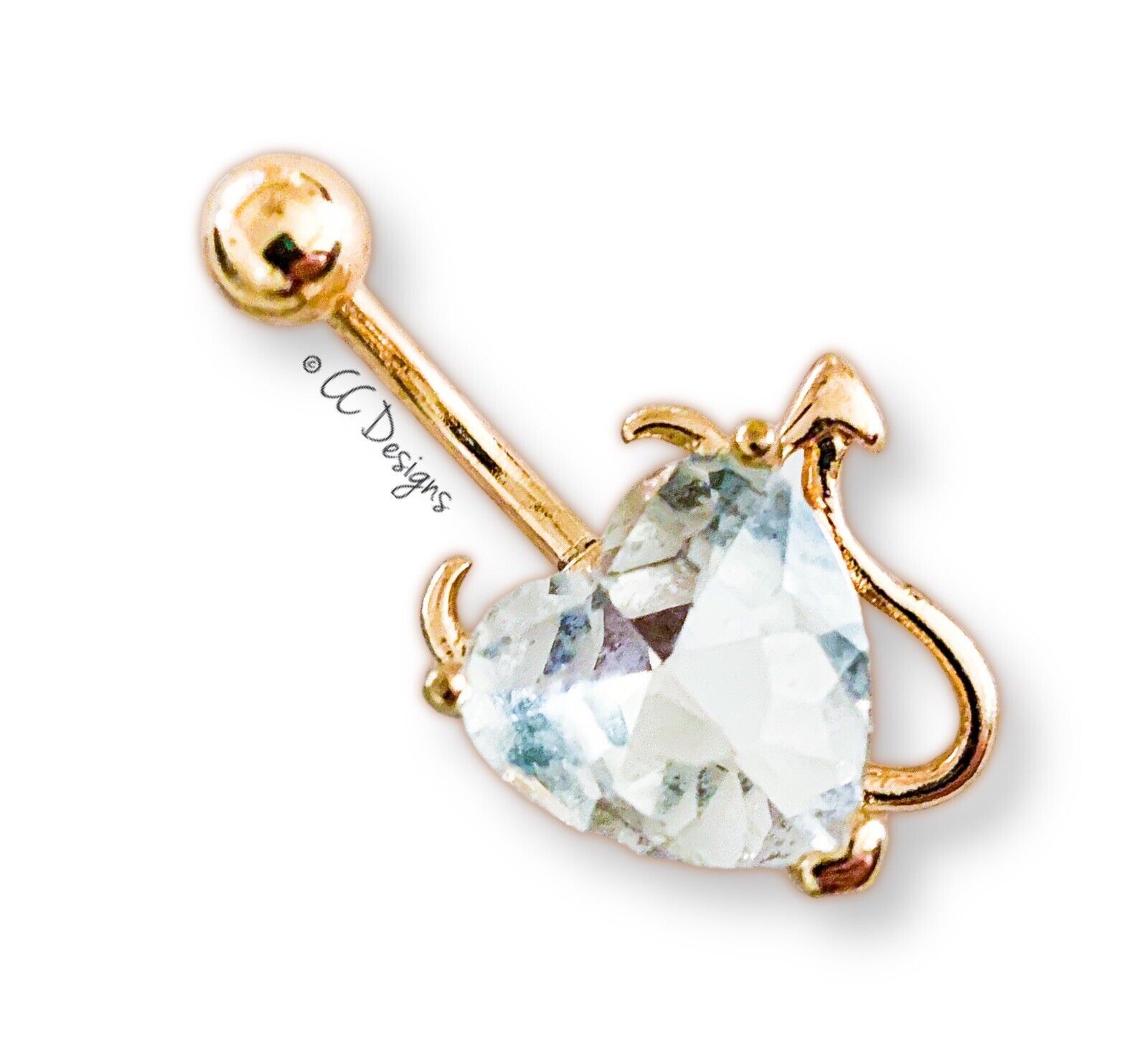 14g gold IP sparkle white heart cz devil horns tail belly button ring (B15)
