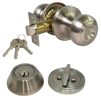 Passage Doorknob and Keyed Deadbolt Lock Set Entry Kw1 Stainless Steel 3 Keys