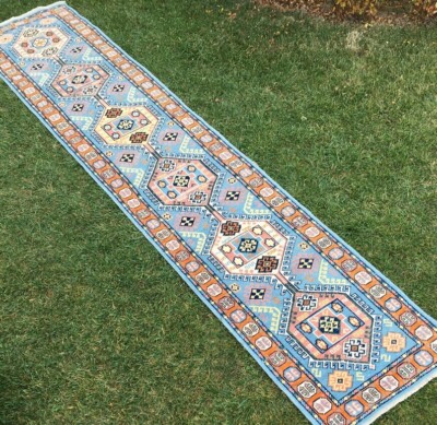  Runner Rug, Blue Pattern Colorful Runner, Oushak Runner Rugs, Turkish Knot Rugs
