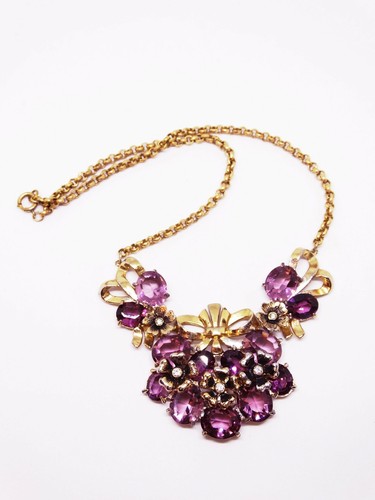 1940s Coro Purple Amethyst Glass Rhinestone Flower Necklace Bows Flowers Choker - Picture 2 of 7