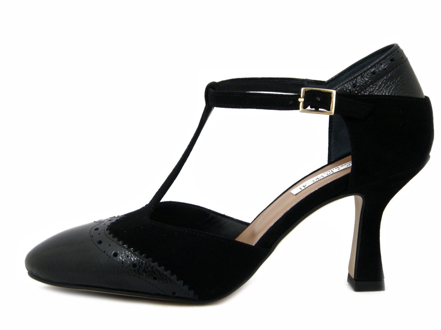 Zapatos Mujer Charleston de Piel Lustroso Y Ante Negro Talón 8 CM Made IN Italy