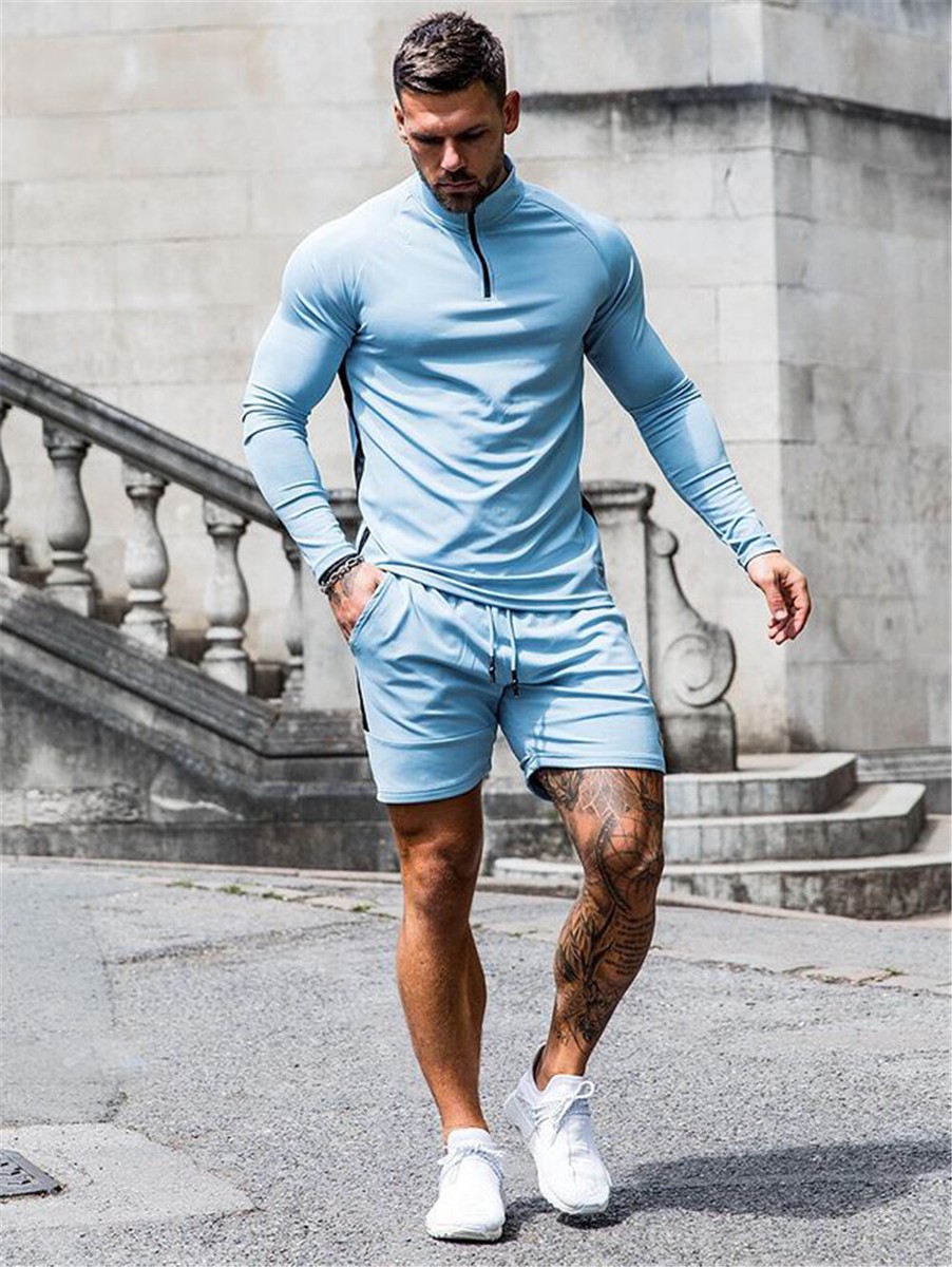 Mens Tracksuit Piece Casual Long Sleeve Shirts Shorts Sweatsuit Sports Set - Main Image