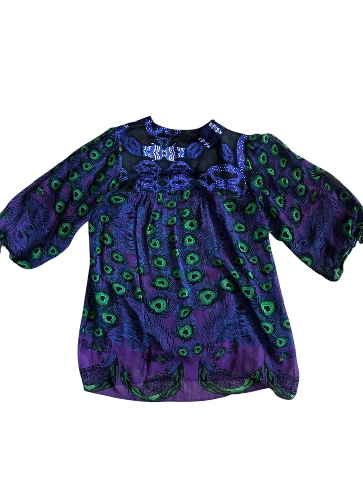 Blusa Top Custo Barcelona Mujer 1 US S 100% Seda Pavo Real Púrpura Negro Verde Foto 2 de 4