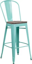30" Industrial Style Mint Green Metal Bar Height Restaurant Stool with Wood Seat