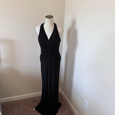 Eliza J Black V-Neck Halter Ruched Lined Maxi Gown Dress Size 10 EJ4M3941