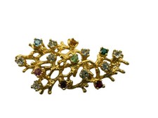 Vintage Ster. PC Brooch Pin Multi Color Rhinestone Crystal Gold Branch Tree 