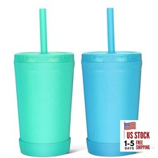 10 Oz Wheat Straw Reusable Cups with Lids  Silicone Straws  Blue  Green