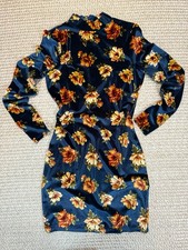 Forever 21 Navy Floral Velvet Bodycon Mini Dress Long Sleeve Mock Neck Sz M Y2K