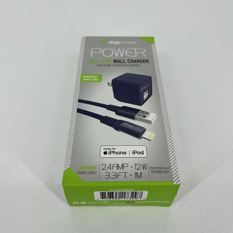 Зарядное устройство настенное Digipower два USB и кабель зарядки Lightning 3,3 фута сертифицированный MFi - Изображение 3 из 4