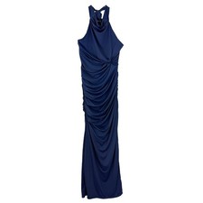 LULUS Seraiah Knotted Ruched Halter Maxi Dress M Navy Blue Back Slit NWT B47