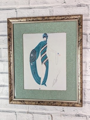 After Erté Art Deco Kostüm Modedesign grüne Dame gerahmter Druck Bild Vintage