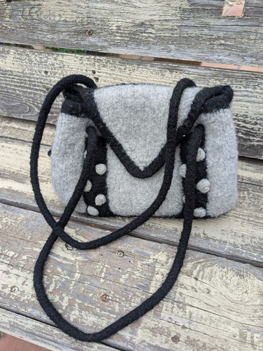 Handmade Felted Wool Purse Handbag Shoulder Bag Tote Knit Black Gray Shoulder