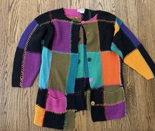 Vintage Colorful Colorblock Whipstitch Patchwork Cardigan Sweater M Worlds Apart