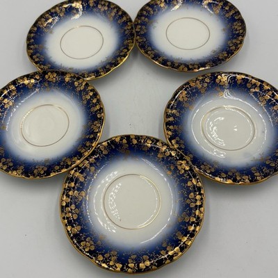 Set of 5 T&V Limoges Cobalt & Gold Floral Saucers for Ovington Bros France