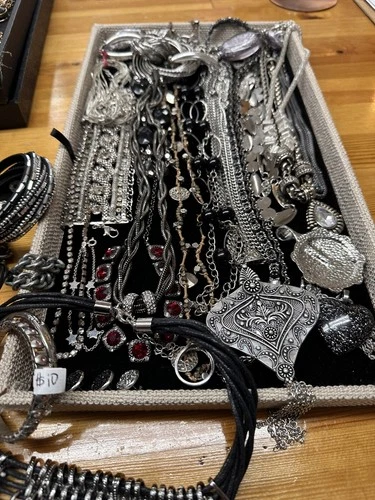 VINTAGE LOT OF COSTUME JEWELRY IN SHADES OF black an silver- grunge/goth-ish