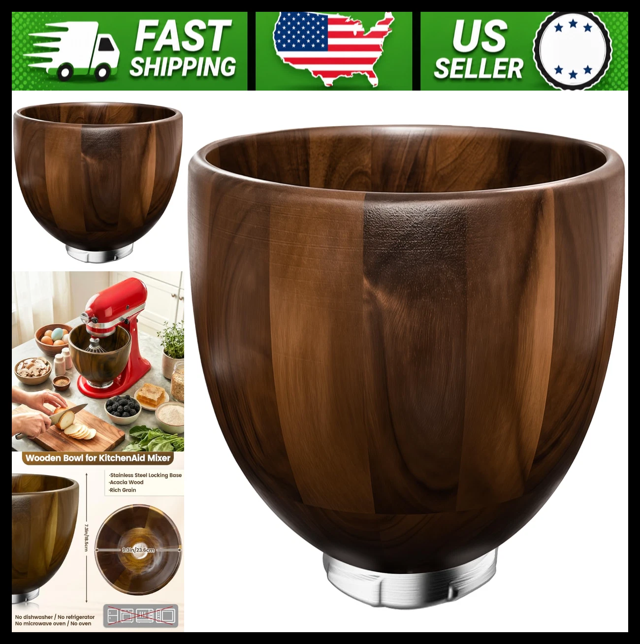 Walnut Wood Mixing Bowl for KitchenAid 4.5 & 5 Qt Tilt-Head Mixers
Opens in a new window or tab