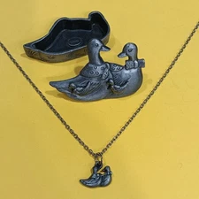 Torino Vintage Pewter Trinket Box Geese, Ducks, Necklace, Earrings, Brooch Set
