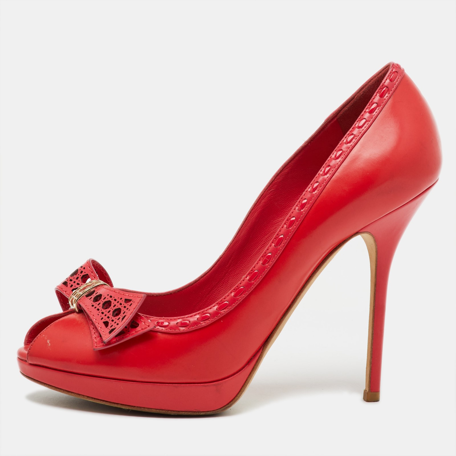 Dior Red Leather Cannage Bow Peep Toe Platform Pump Women Size 39
