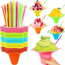 200 PCS 8 oz Colorful Flower Shaped Snow Cone Cups W/ Spoon Straws,Plastic