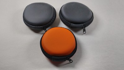 Earbud Headphones Round Zipper Case - 3in. Portable (Black + Orange) Lot of 3