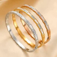 2PC Woman 18KGold Plate Stainless Steel Square Cubic Zircon Cuff Bracelet Bangle