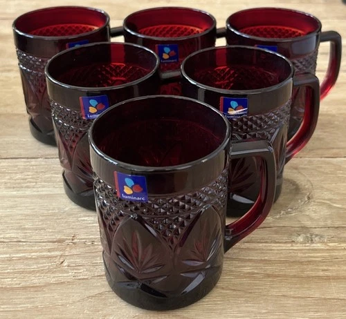 6 Vintage Antique Ruby Red Glass Cristal D'Arques-Durand Luminarc Mugs France